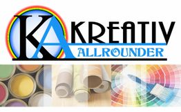 Logo mit Schriftzug "Kreativ Allrounder", Farbdosen, Rollen und Farbpalette mit Pinsel darunter.