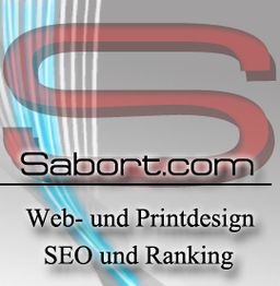 Sabort.com Logo mit Text: "Web- und Printdesign, SEO und Ranking". Rotes S im Hintergrund.