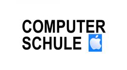 Text "COMPUTER SCHULE" mit Apple-Logo auf weißem Hintergrund.