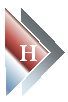 Ein stilisiertes Logo mit einem großen "H" auf einem rot-blau verlaufenden Pfeil.