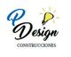 Logo de P Design Construcciones, con una bombilla amarilla sobre la letra "i".