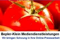 Nahaufnahme einer Tomate mit Text: "Bepler-Klein Mediendienstleistungen, Wir bringen Schwung...".
