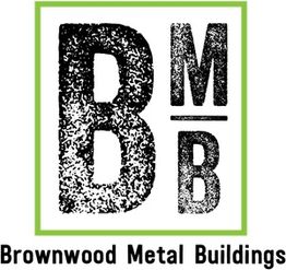 Logo of Brownwood Metal Buildings with large, textured letters "BMB" inside a green square.