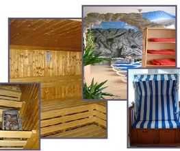 Collage mit Sauna, Strandkorb und Poolbereich mit Liegestühlen und Pflanzen.