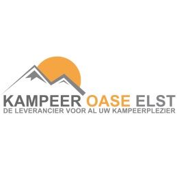 Logo van Kampeer Oase Elst met bergen en zonsopgang. Slogan: De leverancier voor kampeergenot.