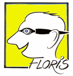 Strichzeichnung eines Gesichts im Profil mit Brille auf gelbem Hintergrund. Text: "FLORIS".