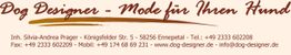 Textbild mit der Aufschrift: "Dog Designer - Mode für Ihren Hund" und Kontaktdaten.