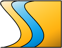 Gelbe und blaue geschwungene Linien auf weißem Hintergrund.