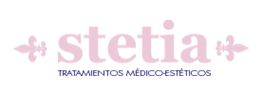 Logo de Stetia, tratamientos médico-estéticos, con letras lilas y decoración floral.
