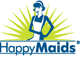 Illustration eines lächelnden Dienstmädchens mit Schürze, darunter der Schriftzug "Happy Maids".