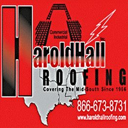 Red and black Harold Hall Roofing logo with Texas map, lightning, and contact details.