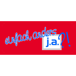 Roter Hintergrund mit dem Text "einfach anders j.a?!" in Blau und Weiß.