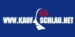 Weiße Schrift "WWW.KAUF SCHLAU.NET" auf blauem Hintergrund mit stilisiertem Gesicht und rotem Punkt.