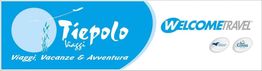 Logo di Tiepolo Viaggi e Welcome Travel su sfondo blu e bianco.