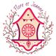 Horloge stylisée entourée de branches fleuries, avec texte "Flore et Jeanne" en haut.