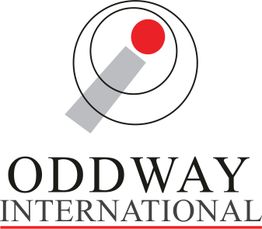 Logo von Oddway International mit rotem Punkt und grauem Balken in einem schwarzen Kreis.