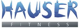 Logo: "HAUSER" aus dynamischen Figuren gebildet, darunter grauer Balken mit "FITNESS".