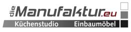 Logo: "dieManufaktur.eu" mit Schriftzug "Küchenstudio Einbaumöbel", graue und rote Farbtöne.