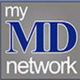 Logo with "my MD network" in white and blue text on a gray square background.