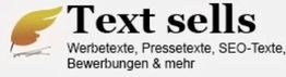 Ein Logo mit gelber Feder und Text: "Text sells - Werbetexte, Pressetexte, SEO-Texte, Bewerbungen."
