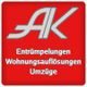 Rotes Logo mit den Buchstaben "AK" und Text: "Entrümpelungen, Wohnungsauflösungen, Umzüge".
