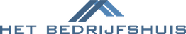 Logo van Het Bedrijfshuis met blauwe, gestileerde dakvormen erboven.