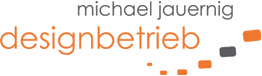 Textlogo: "michael jauernig designbetrieb" mit Punkten und Quadraten in Orange und Grau.