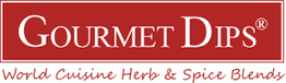 Rotes Logo mit Text: "Gourmet Dips®", "World Cuisine Herb & Spice Blends".
