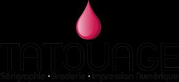 Goutte rose sur fond noir avec texte "TATOUAGE" en dessous en lettres majuscules.