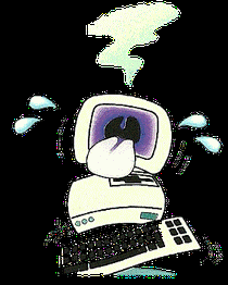 Comic-Stil: Verzweifelter Computer mit Rauch und Schweißtröpfchen, Tastatur vor ihm.