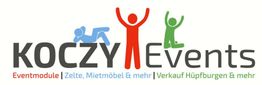 Logo von Koczy Events, Figuren in Rot, Blau, Grün, Text über Eventmodule und Hüpfburgen.