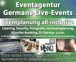 Eventagentur-Plakat mit Infos zu Catering, Sicherheits- und DJ-Service, Fotos und Kontakten.