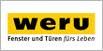 Logo mit Text: "weru, Fenster und Türen fürs Leben" auf gelbem Hintergrund.