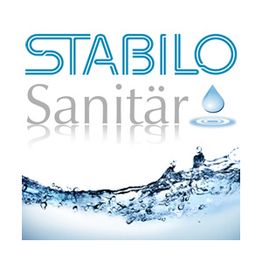 "STABILO Sanitär-Logo mit Wassertropfen und Spritzwasser-Effekt darunter."
