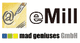 Logo mit "@eMill" und "mad geniuses GmbH", Farbblöcke in Blau, Grün, Gelb.