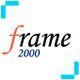 "Frame 2000 logo with decorative blue corners and stylized text in red and black."
