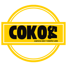 Logotipo negro de COKOS sobre fondo amarillo. Texto: "AGENCIA SEO Y DISEÑO WEB".