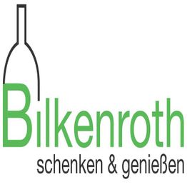 Schwarze Flasche, grüner Text "Bilkenroth", darunter "schenken & genießen" in Schwarz.