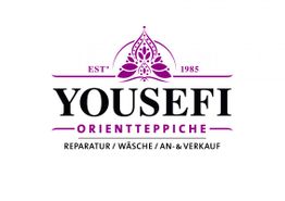 Logo von Yousefi Orientteppiche mit violettem Ornament und Schriftzug: Reparatur, Wäsche, Verkauf.