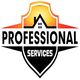 Logo of Professional Services with a house icon on a shield, gradient orange to black.