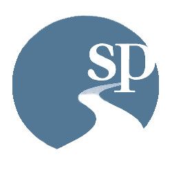 Logo with a winding path leading to "SP" inside a blue circle.