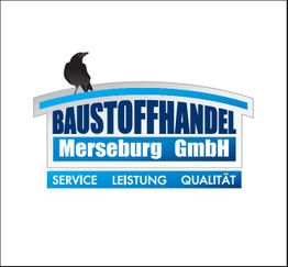 Logo: Baustoffhandel Merseburg GmbH mit einer Krähe und dem Text "Service Leistung Qualität".