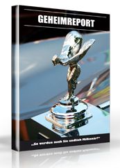 Buchcover mit der Aufschrift "GEHEIMREPORT" und einer Skulptur auf einer Motorhaube.