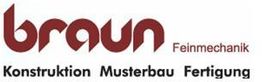 Logo der Firma "Braun Feinmechanik" mit den Worten: Konstruktion, Musterbau, Fertigung.