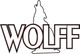 "WOLFF"-Text mit Umriss eines heulenden Wolfes im Hintergrund.
