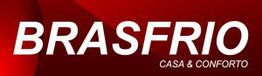 Logotipo com texto "BRASFRIO CASA & CONFORTO" em fundo vermelho.