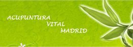 Fondo verde con texto: "Acupuntura Vital Madrid" y hojas decorativas.