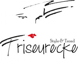 Schriftzug "Friseurecke", stilisierte Augenbrauen und rote Lippen, Text "Style & Trend".