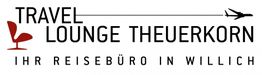 Logo mit Text: "Travel Lounge Theuerkorn - Ihr Reisebüro in Willich" und Flugzeugsymbol.