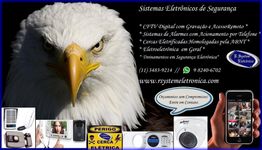 Águia e dispositivos de segurança: câmeras, alarmes e cerca elétrica, com contatos e site.